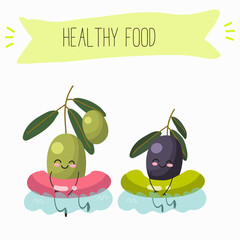 Illustration with funny characters olives. Funny and healthy food. Vitamins, cute face food, ingredients, vegetarian, vector cartoon, agriculture, raw.