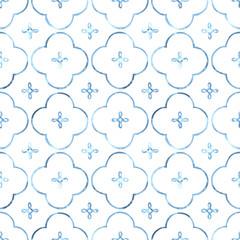 Seamless watercolor pattern. Blue and white tile ornament. Handwork with paints on paper.