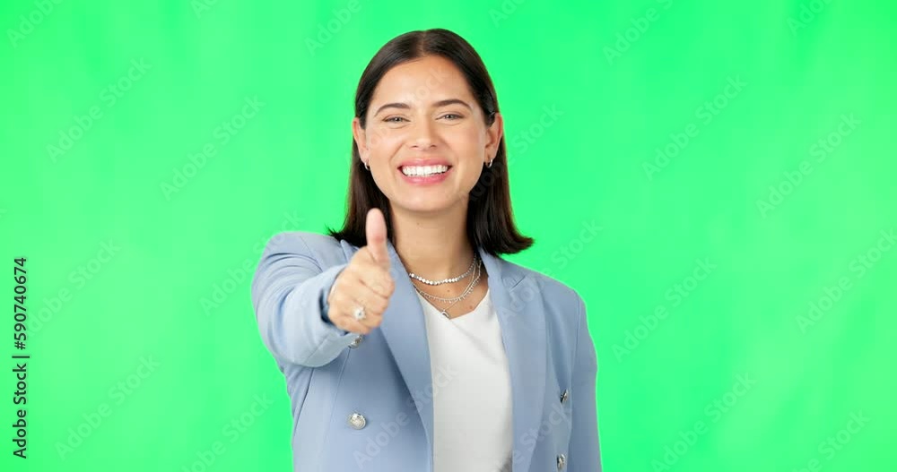 Poster Business woman, hand and thumbs up on green screen for agreement, winning or success against a studio background. Portrait of happy female showing thumb emoji, yes sign or like on chromakey mockup