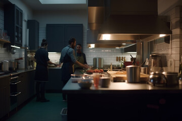 Behind the Scenes: Busy Kitchen Staff Preparing Food in Restaurant or Hotel Kitchen