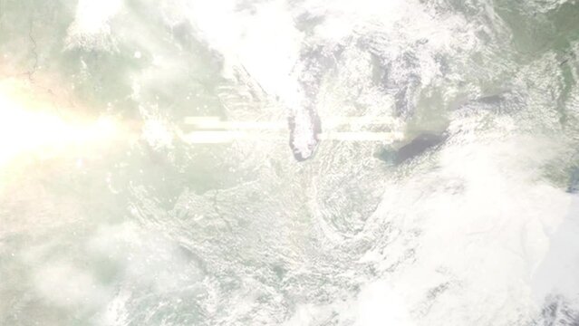 Earth zoom in from outer space to city. Zooming on Tinley Park, Illinois, USA. The animation continues by zoom out through clouds and atmosphere into space. Images from NASA