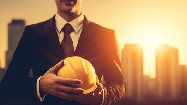 a man in a suit and tie is holding a yellow hard hat- International labor day concept
