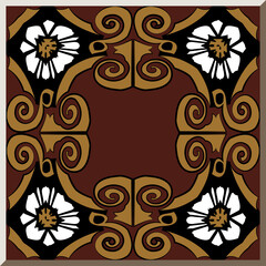 Ceramic tile pattern retro brown square spiral curve cross frame vine white flower