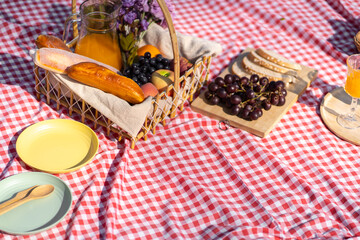 Picnic Lunch Meal Outdoors Park with food picnic basket. enjoying picnic time in park nature outdoor