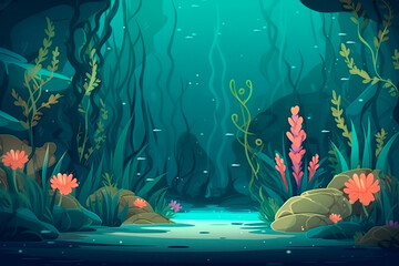 Fototapeta na wymiar scene underwater world with water plants rock 