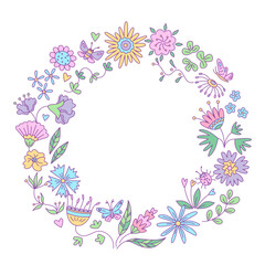 Round frame of floral design with butterflies. Vector isolated color illustration in doodle style.