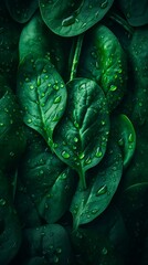 Photorealistic green spinach on a black table with water drops top view. Created using generative Ai