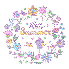 Summer greeting card with  floral design and birds in the round frame. Vector isolated color illustration in doodle style.