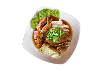 Stewed pork knuckle is a dish that originated in China, a food that can be eaten as a single dish or eaten separately with rice. Popular in Thailand Topped with pork, pork intestines, pork skin, tofu