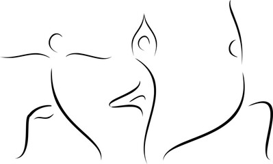 Image of a yoga posture. Line drawing of women's fitness concept, vector health illustration. Mindfulness fitness exercises. Woman yoga poses illustration. Line art of female posing. Elegant line art.