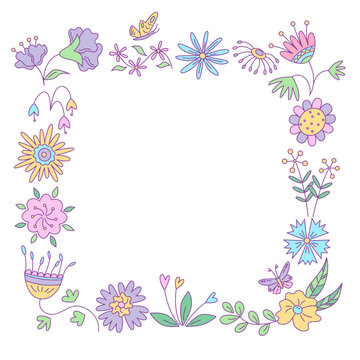 Square frame with  floral design and butterflies. Vector isolated color illustration in doodle style.