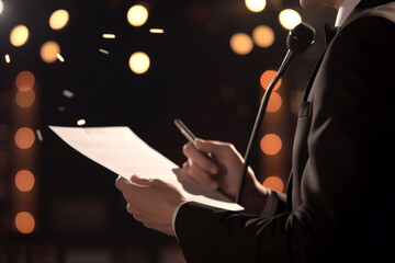 Keynote Speaker on Podium with Script and Microphone in Bright Spotlight at Business Conference