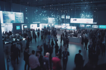 Busy trade fair with a sea of booths and blurry business people - obrazy, fototapety, plakaty