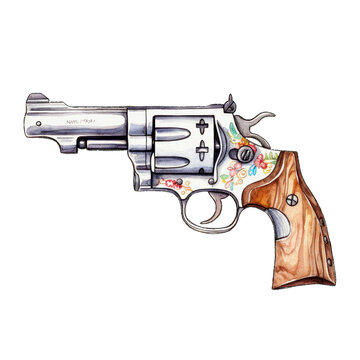 Watercolor cowboy pistol.Watercolor painting isolated on white background.Generative AI
