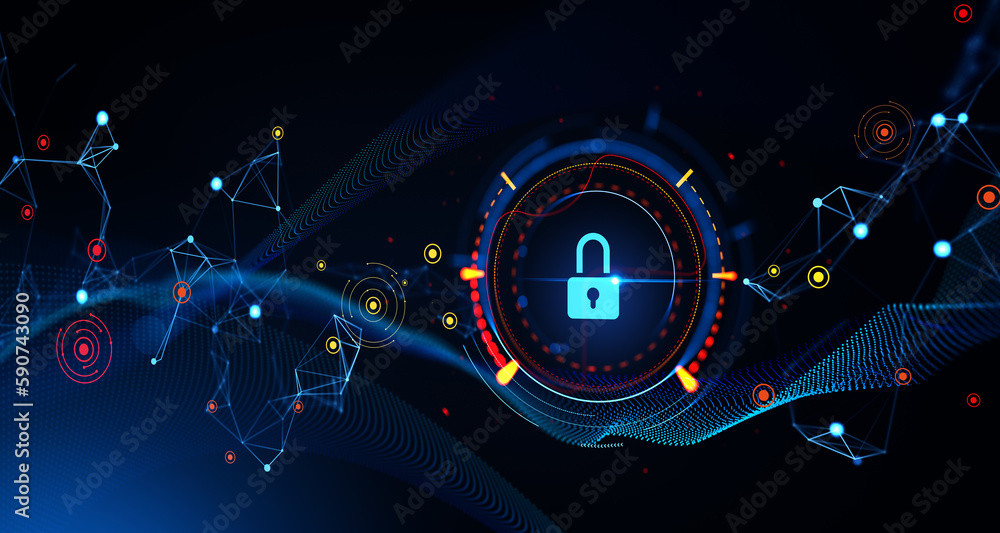 Poster padlock symbol with diverse lines and connection, internet security