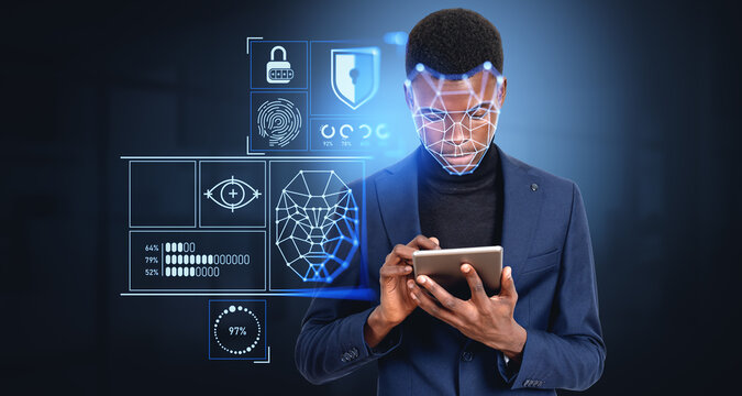 African man with tablet, biometric scanning