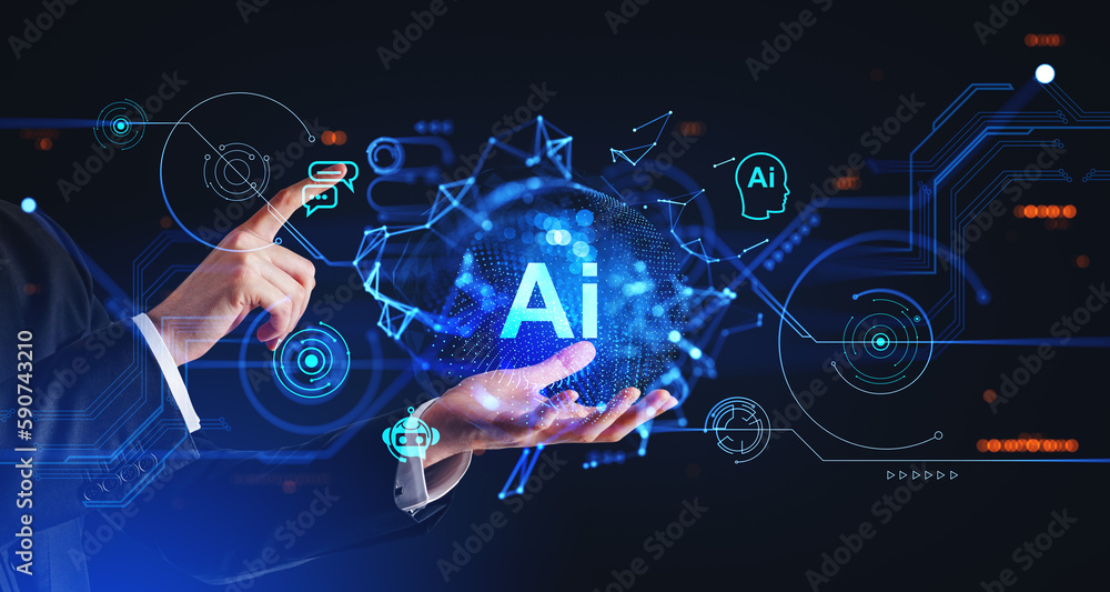 Poster man hands using ai interface