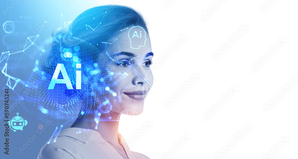 Poster woman portrait and ai hologram with digital connection and netwo