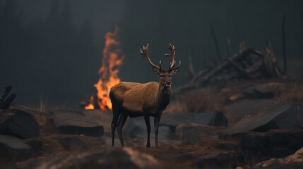 Deer looks at an apocalyptic scenery. Deer on a background of burning forest