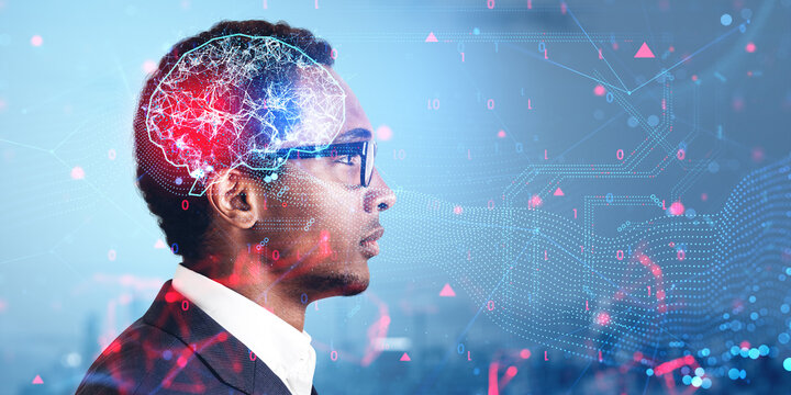 African businessman and digital brain icon and connection circuit, AI hologram