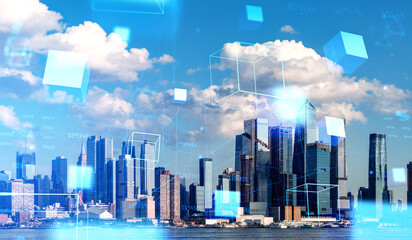 New York cityscape, information fields and business data storage