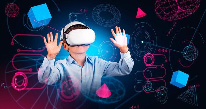 Boy in VR glasses in metaverse
