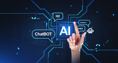 Woman finger touch AI hologram and chat bot speech bubbles, communication