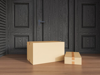 Two cardboard boxes at the doorstep, home delivery and logistics. Mockup