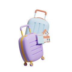 Obraz premium Blue and purple cartoon baggage with tickets on white empty background