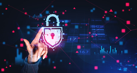 Woman hand using cybersecurity interface