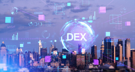 New York cityscape, DEX hologram with cryptocurrency and blockchain