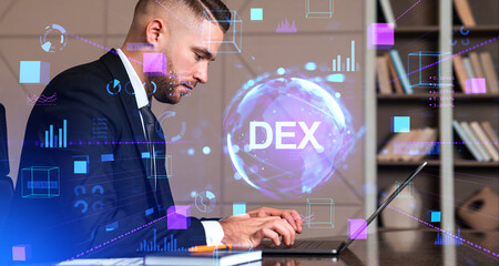 Man with laptop in office, DEX interface