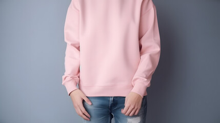 blank pale pink plain jumper mockup, jumper has no texture, distressed jeans, hands in pockets