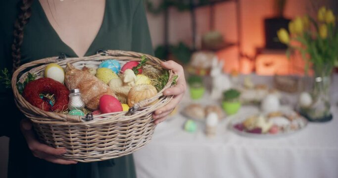 Woman Holding Easter Backet Easter Holidays Decorations