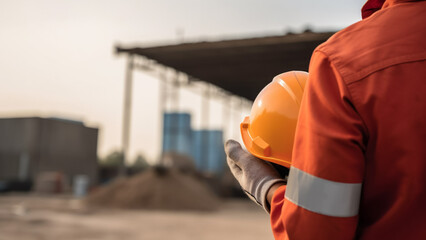close up at a worker is holding safety helmet close to the body with construction site in background