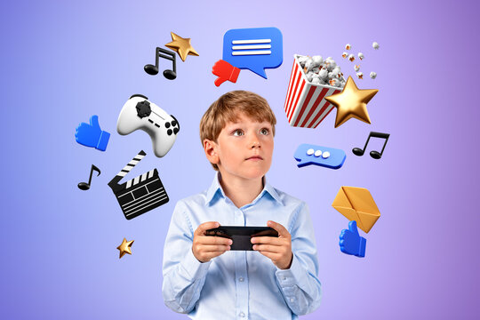 Boy with smartphone in hands, online shopping and video games
