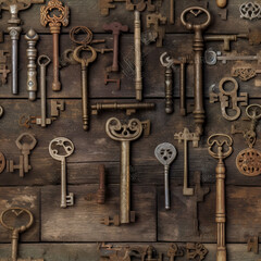 Generative AI antique keys on a rustic wooden background