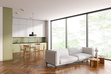 Green and white kitchen and living room