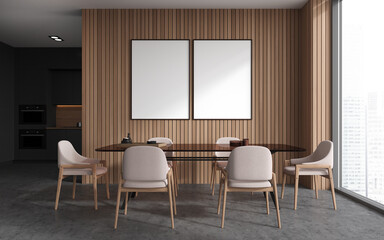 Modern kitchen interior with dinner table and panoramic window. Mockup frames