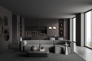 Grey studio flat interior with chill and cooking area, panoramic window