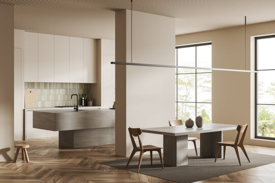 Cozy kitchen interior with dining and cooking space, panoramic window