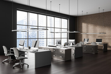 Brown office coworking interior with desk and pc computer in row, window