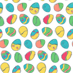Seamless pattern with decorated Easter eggs. Colored eggs with patterns for the spring holiday. Flat vector illustration for conceptual design. Background for a greeting card.