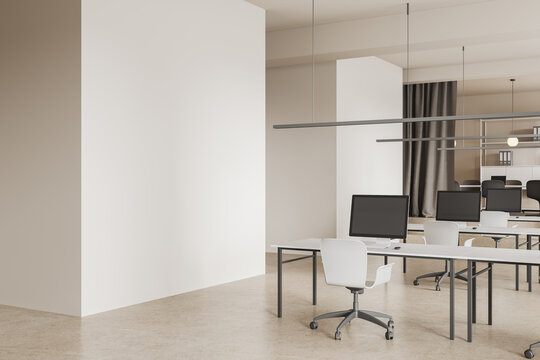 White open space office corner with mock up wall