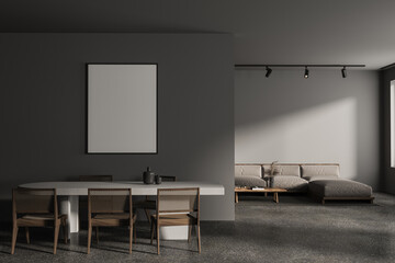 Gray living room and dining room with poster
