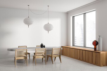 White and wooden dining room interior