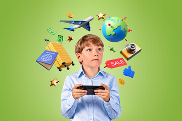 Boy with smartphone in hands looking up, order tour and tickets