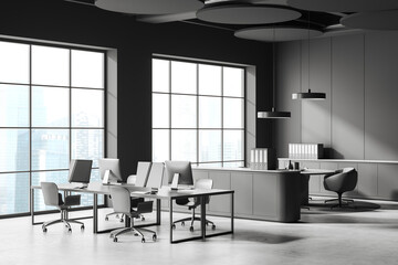 Grey coworking interior with work table, pc computer and panoramic window
