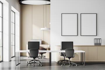 Cozy office interior with coworking and conference place, window. Mockup frames