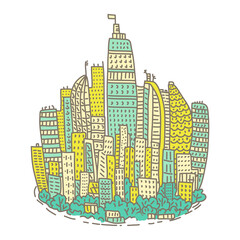 Isolated big city metropolis with modern buildings and skyscrapers in a doodle style. vector illustration isolated on white background